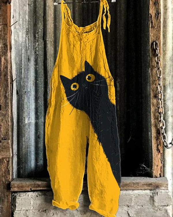 Savannah | Lightweight Yellow Artisan Overalls with Black Cat
