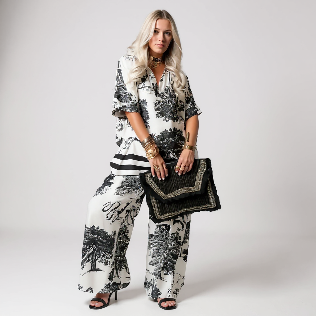 Mary | Printed V-Neck Top & Long Pants