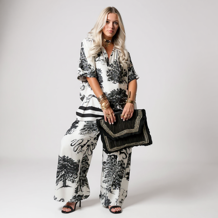Mary | Printed V-Neck Top & Long Pants